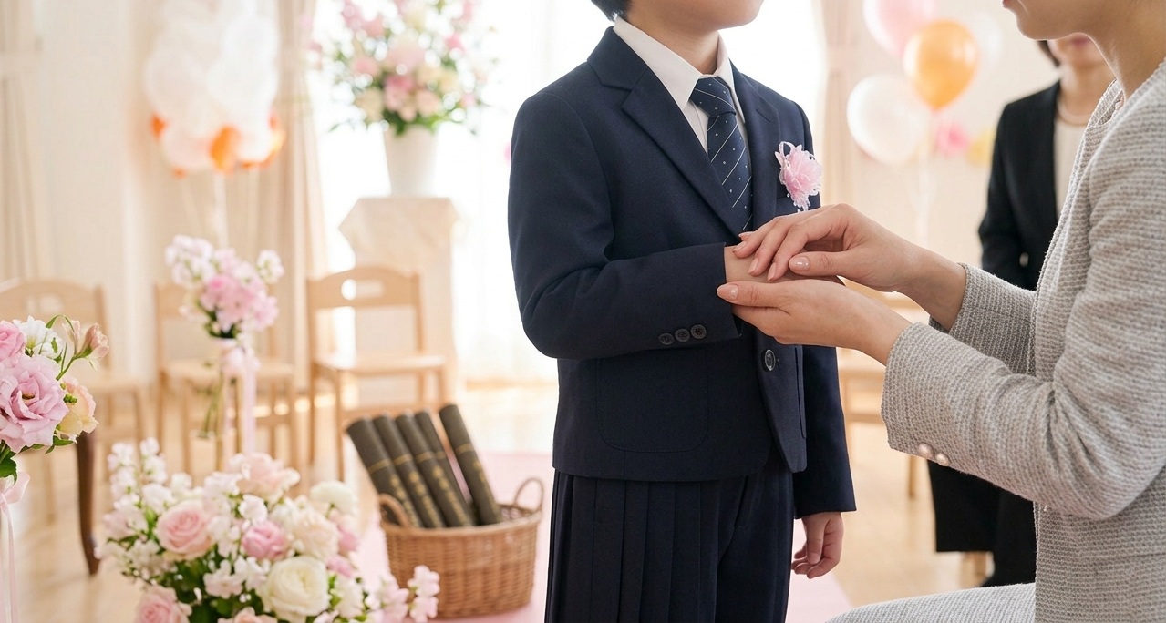 卒園式（または入学式）の会場で、紺色のスーツとネクタイ、胸元にピンクのコサージュを付けた男の子と、グレーのツイードジャケットを着用した母親が手を重ね合わせている様子。背景には、ピンクのカーネーションやバラなどの生花、ピンクやオレンジのバルーン、複数の木製椅子、そして卒業証書（卒園証書）が入った筒が複数入ったバスケットが配置されている。